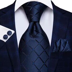 Hi-Tie Solid Blue Silk Tie For Men Cufflink Handkerchiefs Set New